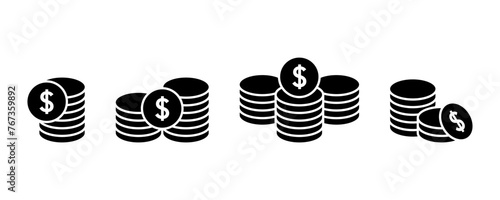 Black coins vector icons set. Stack of money. Pile coin. Vector 10 Eps.