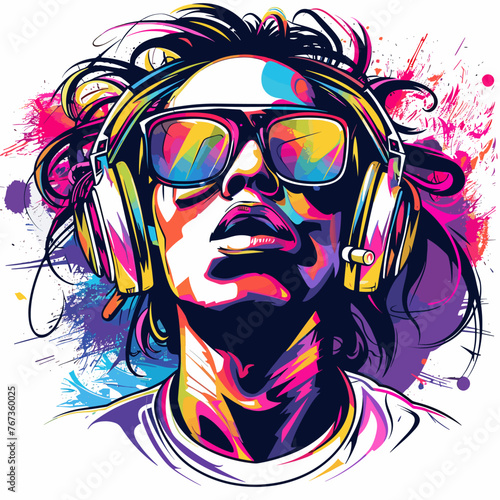 Portrait of a young man with headphones. Grunge vector illustration.