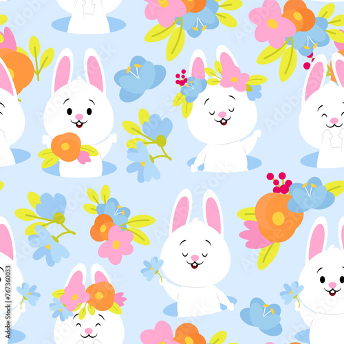 Spring seamless pattern of Easter bunnies and flowers on a blue background