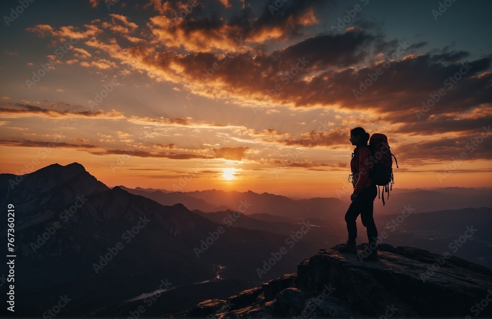 silhouette of female hiker standing at the top of a mountain during sunset - success and perseverance