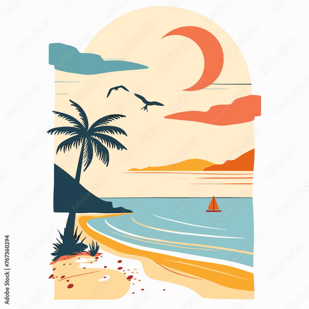 Tropical beach with palm trees, sailboat and sunset. Vector illustration