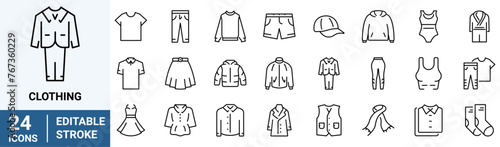 Clothing web line icon set. Dress, polo t-shirt, jeans, winter coat, jacket pants