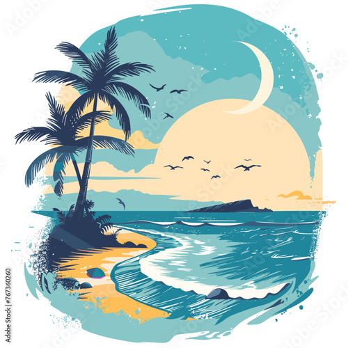 Tropical beach with palm trees and sunset. Vector illustration.