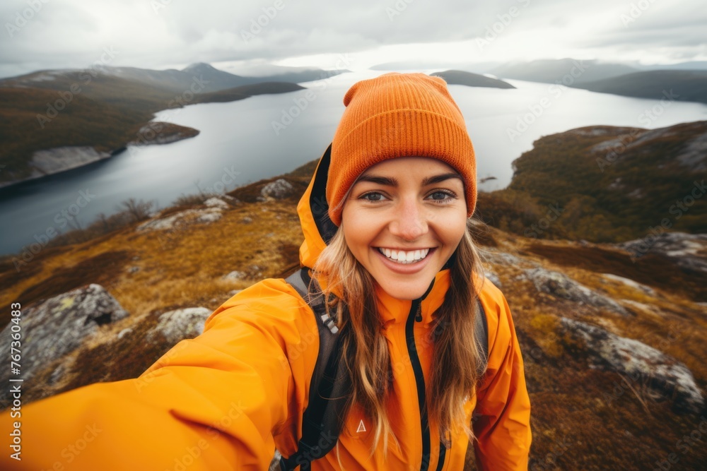 a happy person hiking in the mountain a happy person hiking in the mountain