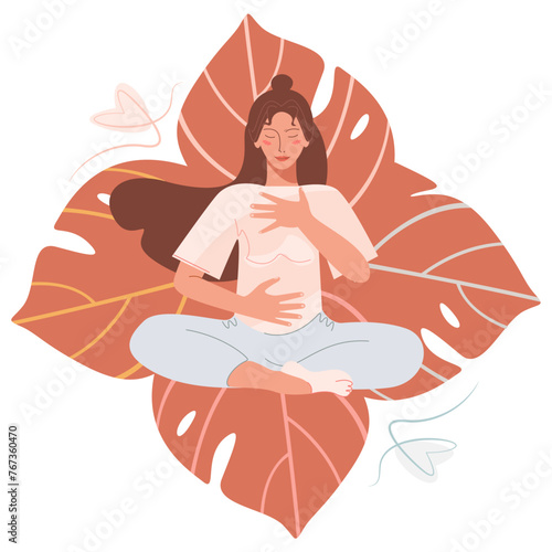 Abdominal Breathing. Young woman practice deep breathing. Breath Awareness Exercise. Vector Flat Illustration.