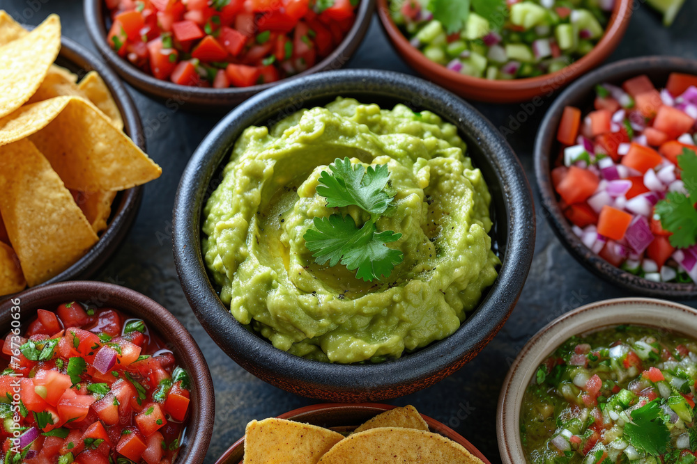 Tasty Dip Selection with Guacamole and Salsa