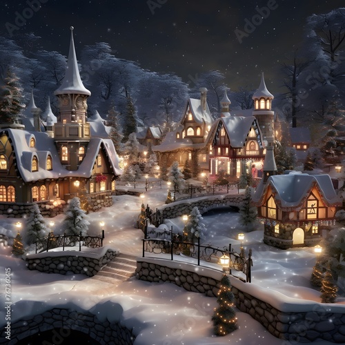Digital painting of a winter village at night with snow covered houses and trees