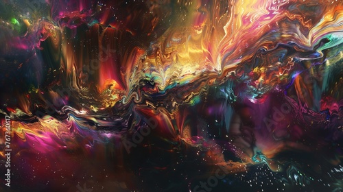 Dreamy and abstract artwork with a mix of shimmering colors that reflect off of a glass-like surface on a dark background.