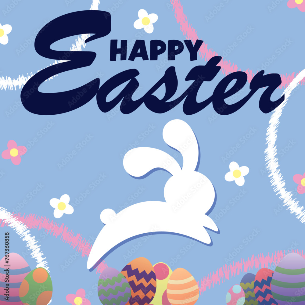 Happy Easter. White Bunny Rabbit Clipart Vector. Easter Eggs Pastel Pink, Purple, Blue, Green, Orange, Yellow. Flowers. Banner and Social Media Post For Website, Email, Newsletter