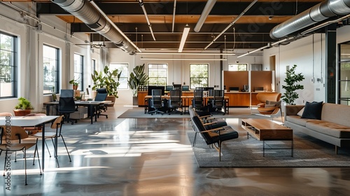 Empty modern coworking space with no people, featuring an open-plan layout and a variety of furniture and amenities.