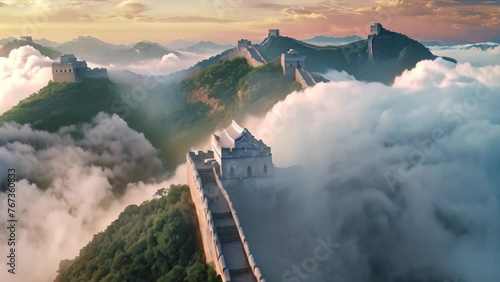 A stunning aerial perspective captures the grandeur and history of the Great Wall of China, The Great Wall of China in the mist, lying long, surrealist view from drone photography, AI Generated photo