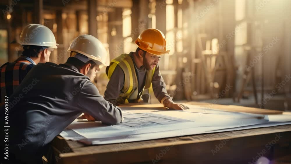 Two Men in Hardhats Examining Blueprint - Construction Workers Analyzing Plans, Three construction workers working on construction drawings and paperwork, AI Generated Two Men in Hardhats Examining Blueprint - Construction Workers Analyzing Plans, Three construction workers working on construction drawings and paperwork, AI Generated