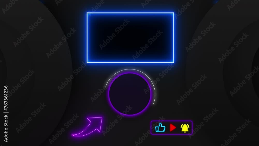 Blue and purple neon end screen. Subscribe button and outro for gaming and video channels