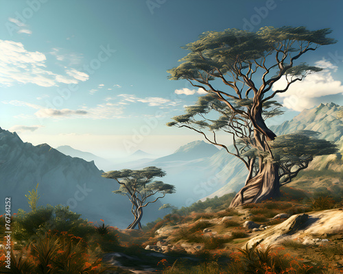 Fantasy landscape with big tree in the mountains. 3D rendering