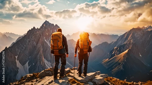 Two hikers proudly standing at the peak of a mountain, wearing backpacks and enjoying the breathtaking view, Two mountaineers standing on a mountain with large backpacks, AI Generated photo