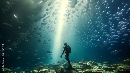 A person stands surrounded by a multitude of fish in a captivating underwater scene, Underwater, divers, shoals of fish, 8k Ultra HD, AI Generated photo