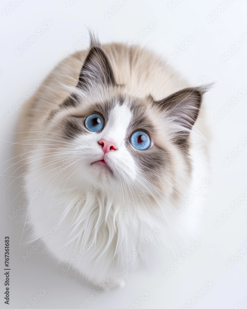 Top view of a ragdoll kitten sitting looking up curious on white background
