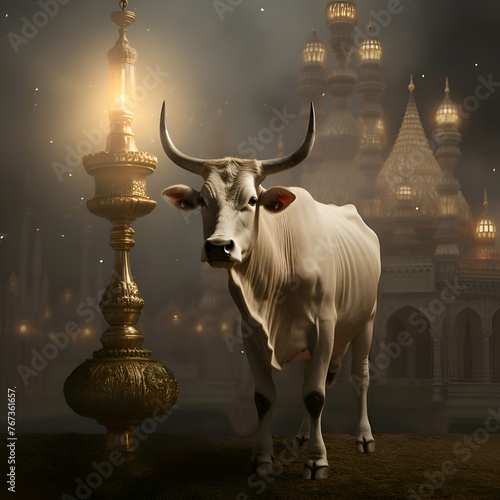 Cow in front of the temple with a golden lamp in the background photo