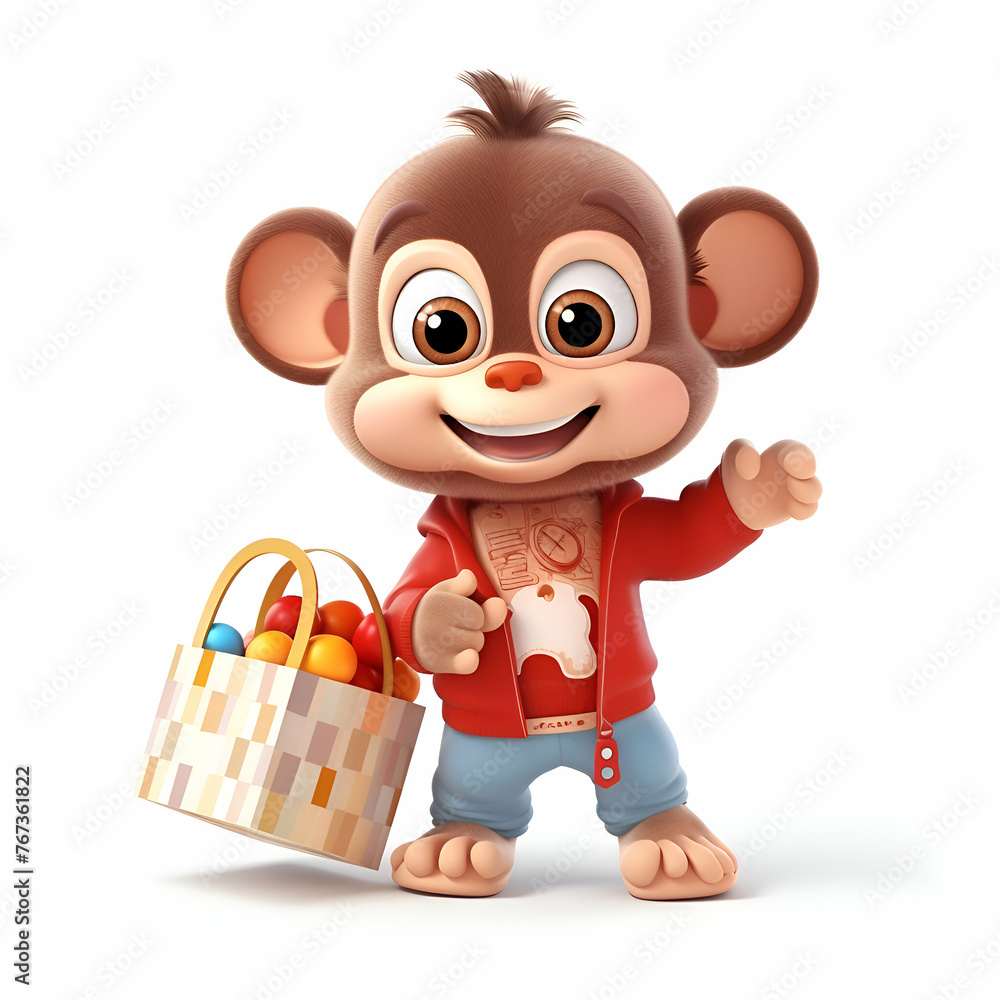 Fototapeta premium 3d rendering of a cute cartoon monkey with a basket of eggs