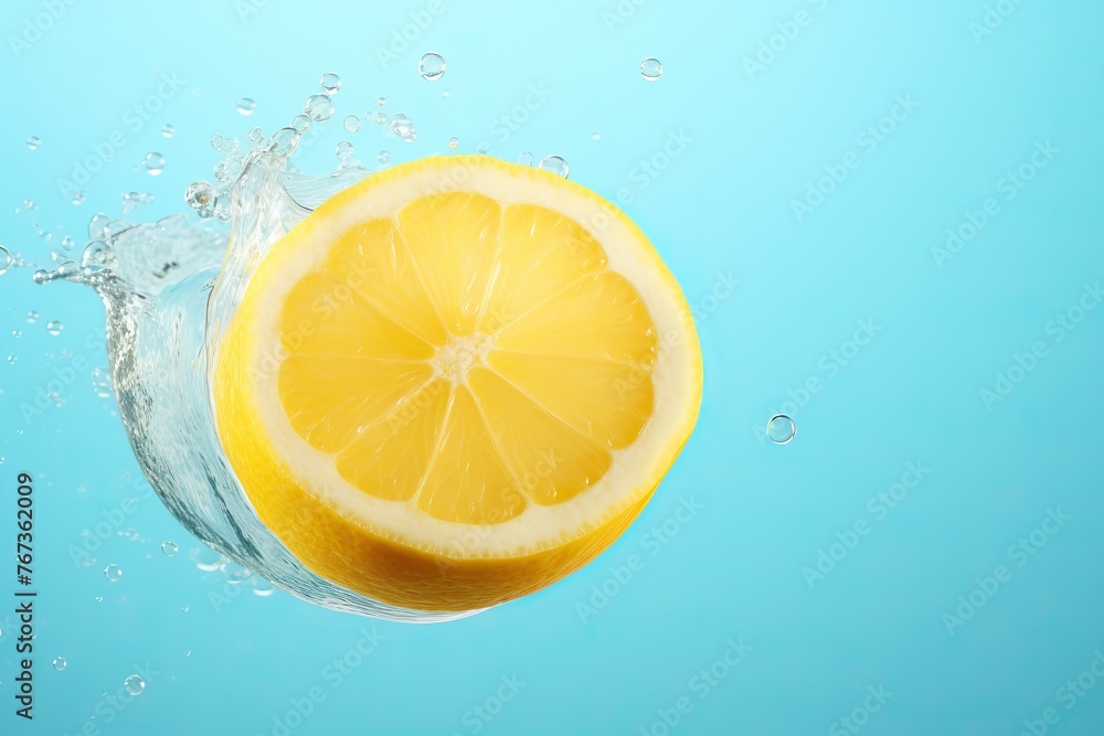 Fresh juicy lemon in splashes of water on a blue background Fresh juicy lemon in splashes of water on a blue background