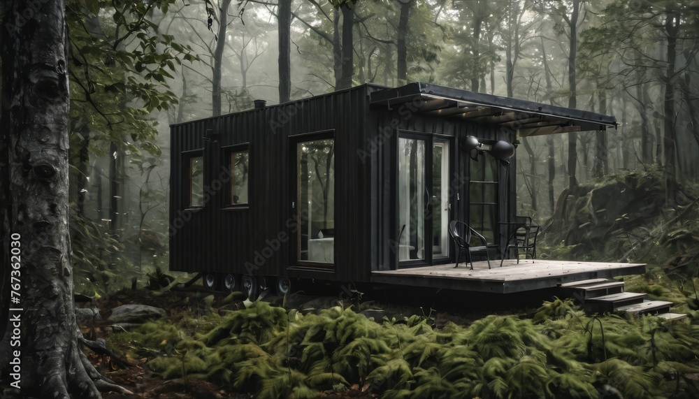 A modern, dark-toned cabin with large windows stands on stilts in a misty, fern-covered forest, offering a serene escape