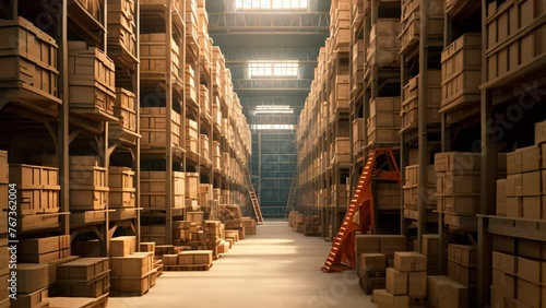 Capture of a vast storage facility bustling with numerous boxes, showcasing its ample capacity for item storage, Warehouse with rows of shelves and wooden boxes, AI Generated photo