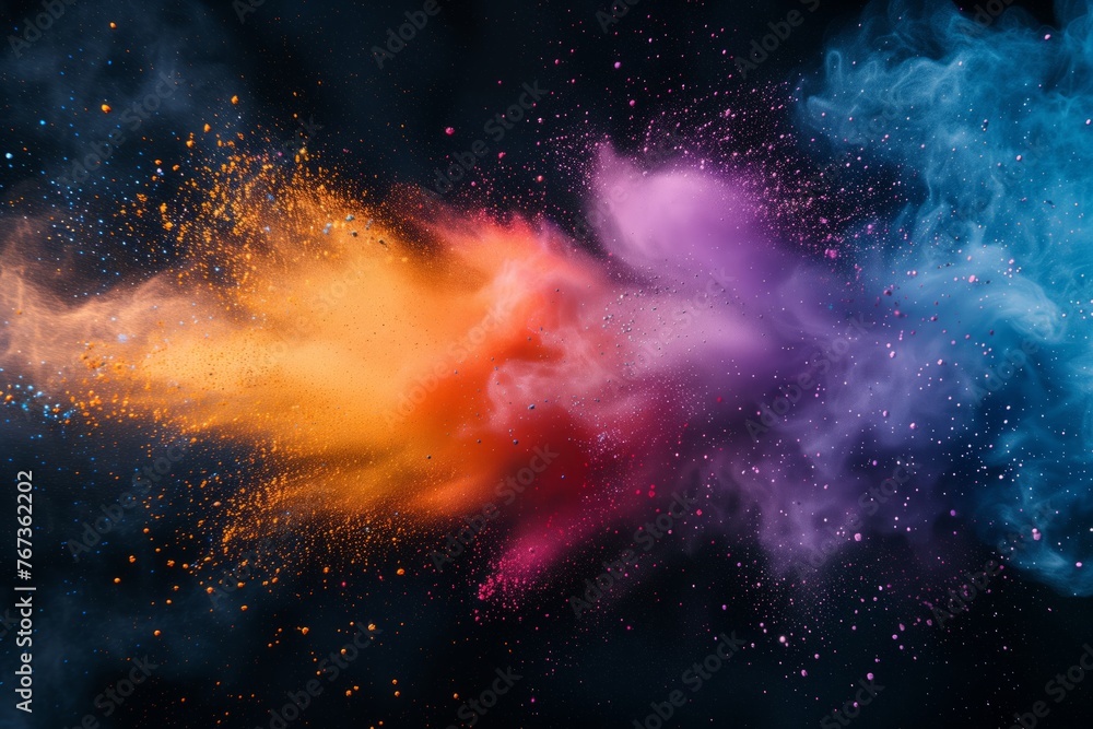 Obraz premium Explosion of bright colorful paint on black background, burst of multicolored powder, abstract pattern of colored dust splash