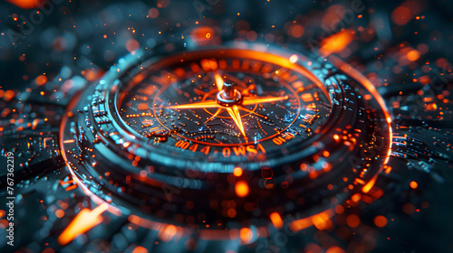 A futuristic compass with arrows pointing towards different financial goals symbolizing the importance of setting and navigating towards achievable and strategic financial