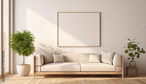 Maqueta de interior con cuadro en blanco sobre pared blanca con sofá y plantas. Luz natural a través de la ventana.