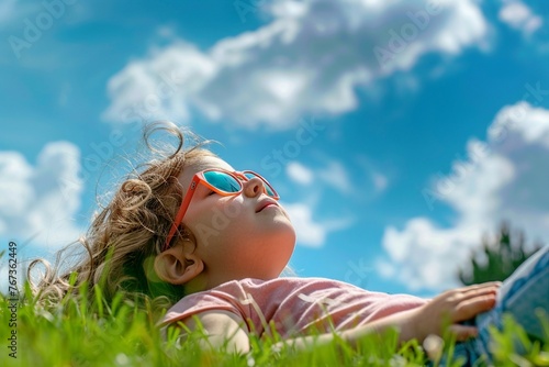 Child Relaxing in Field Looking Up at Sky
