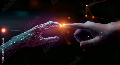A human hand touching with digital hand, digital transformation concept.