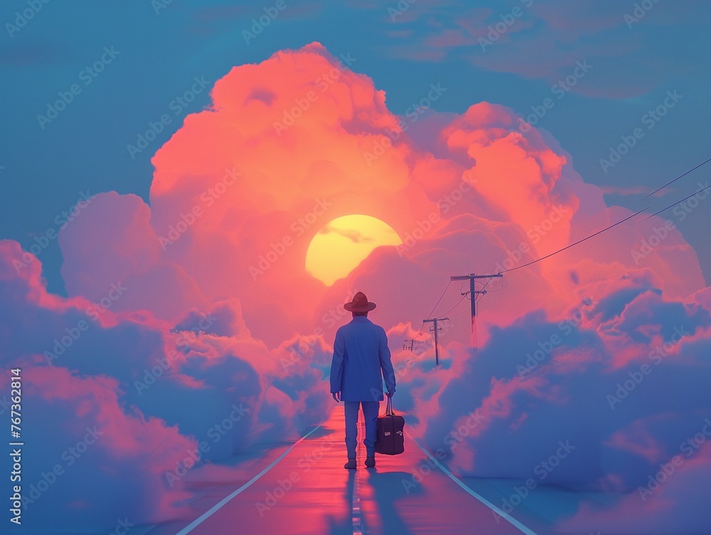 Explore the backstory of the man in the retro-inspired artwork depicting him as a mysterious traveler embarking on a cross-country road trip 