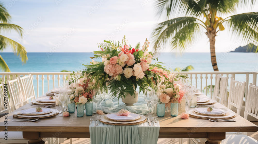table setting for a reception, A beachfront wedding reception table, set with tropical flowers, seashell accents, and ocean views, creating an idyllic atmosphere for the newlyweds and their guests 
