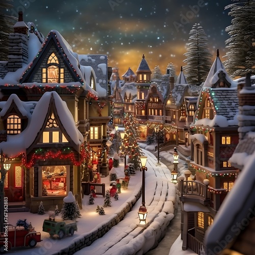 Christmas village in the snow at night. Christmas and New Year concept. © Iman