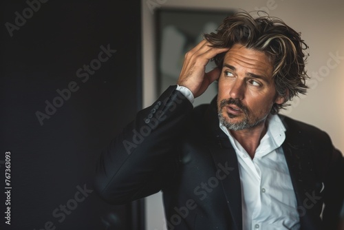 Handsome mature man in a suit with a pensive expression, running his fingers through his hair