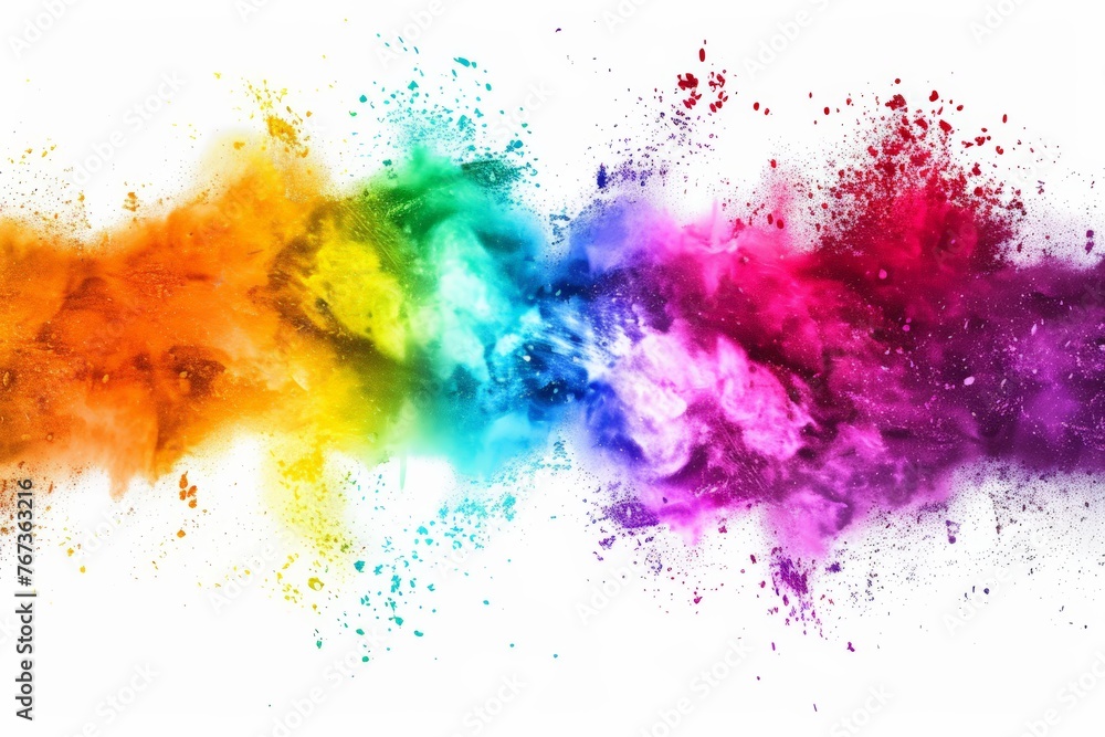 A vibrant rainbow colored cloud of powder dispersing on a clean white background