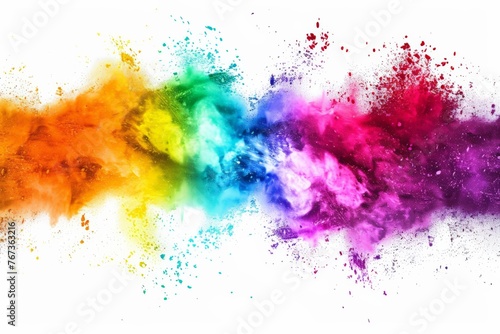 A vibrant rainbow colored cloud of powder dispersing on a clean white background