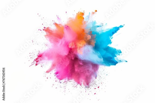 Vibrant powders of various colors exploding and dispersing in all directions on a clean white background