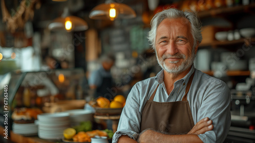 Portrait of a happy man 55 - 60 years old with gray hair, owner of a restaurant. Work and enjoy life.