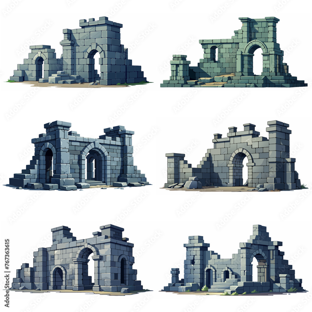 Ancient medieval stone ruins set. Broken castle, fort, temple ruins. Rock building. Ancient kingdom city element, fortress, old citadel structure, arch. Grey stone brick wall vector illustration.