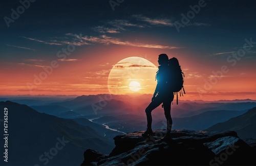 Silhouette of female hiker standing at the top of a mountain during sunset - success and perseverance