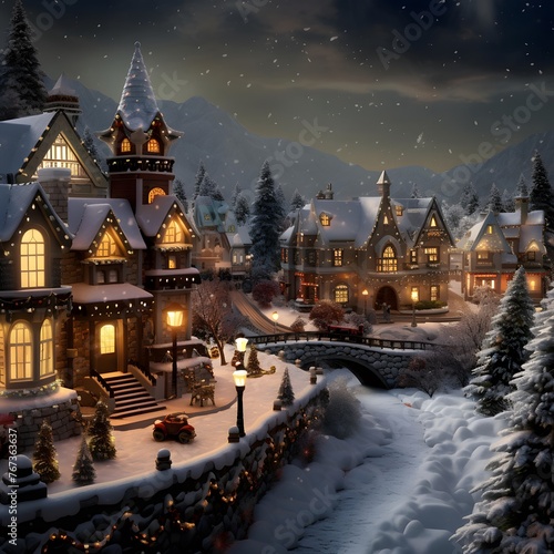 Winter village in the mountains. Christmas and New Year holidays concept.