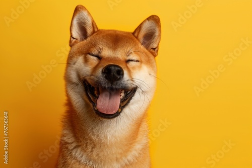 Happy smiling shiba inu dog isolated on yellow orange background with copy space. Red-haired Japanese dog smile portrait © Kristina