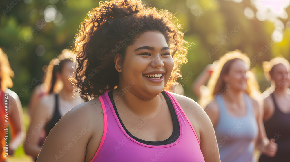 plus-size black woman engaged in aerobics outside, in park, happy., body-positive fitness plus-size black woman engaged in aerobics outside, in park, happy., body-positive fitness