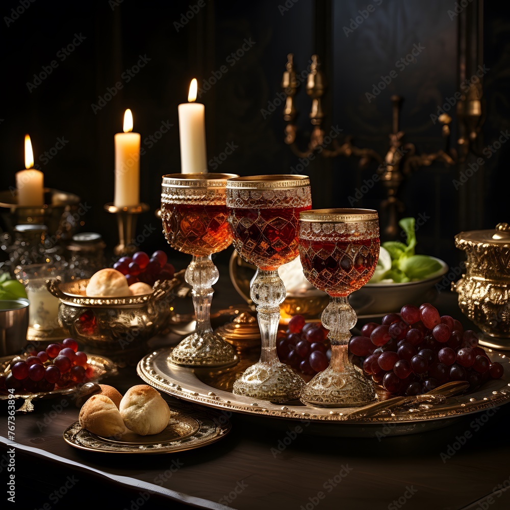 beautifully set table adorned with wine glasses and symbolic elements