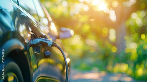 An electric vehicle (EV car) efficiently parked at a charging station