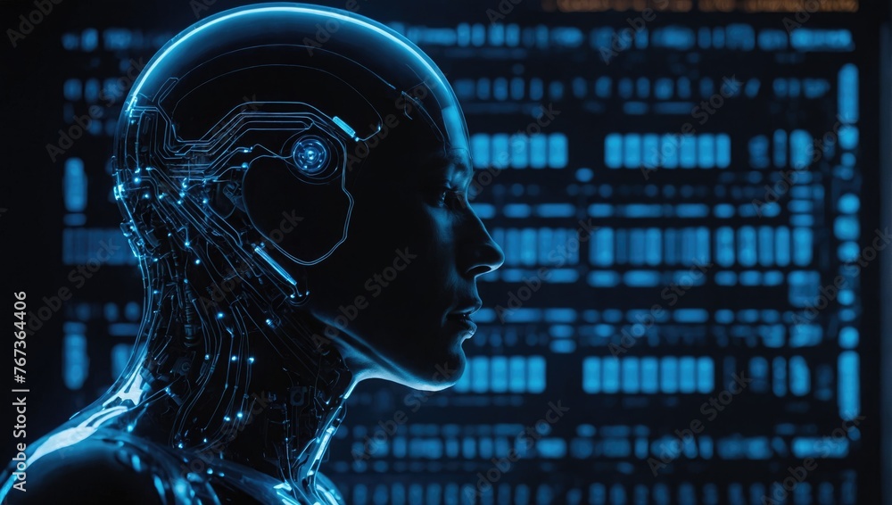 Artificial intelligence and machine learning concept. Double exposure of futuristic woman face and circuit board Artificial intelligence and machine learning concept. Double exposure of futuristic woman face and circuit board