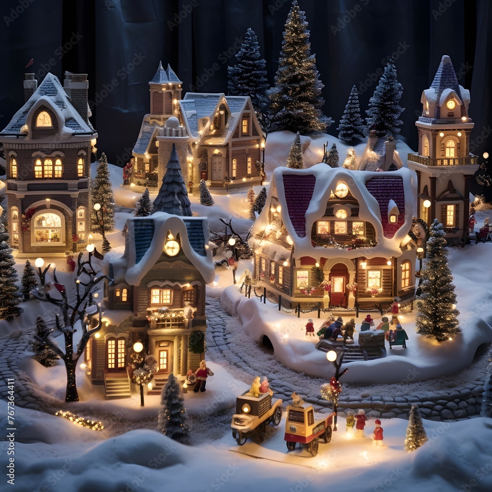 Miniature Christmas village in snow with lights. Christmas and New Year concept