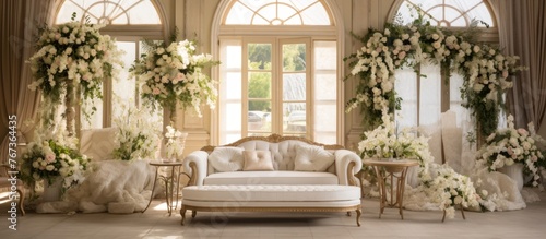 Inside the building  there is a hardwood couch in the middle of the room adorned with flowers. The wood flooring complements the decor  creating a cozy atmosphere