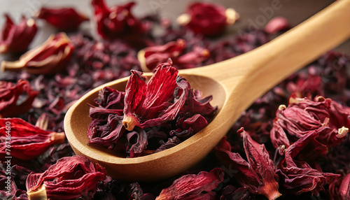 Close-up of wooden spoon with dry hibiscus tea. Organic drink. Natural beverage. photo
